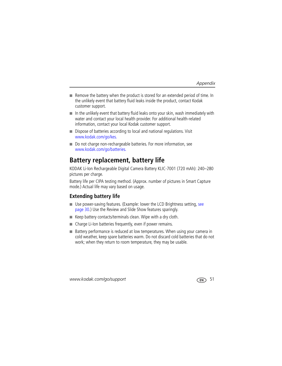 Battery replacement, battery life, Extending battery life, Alled | Kodak M341 User Manual | Page 57 / 67