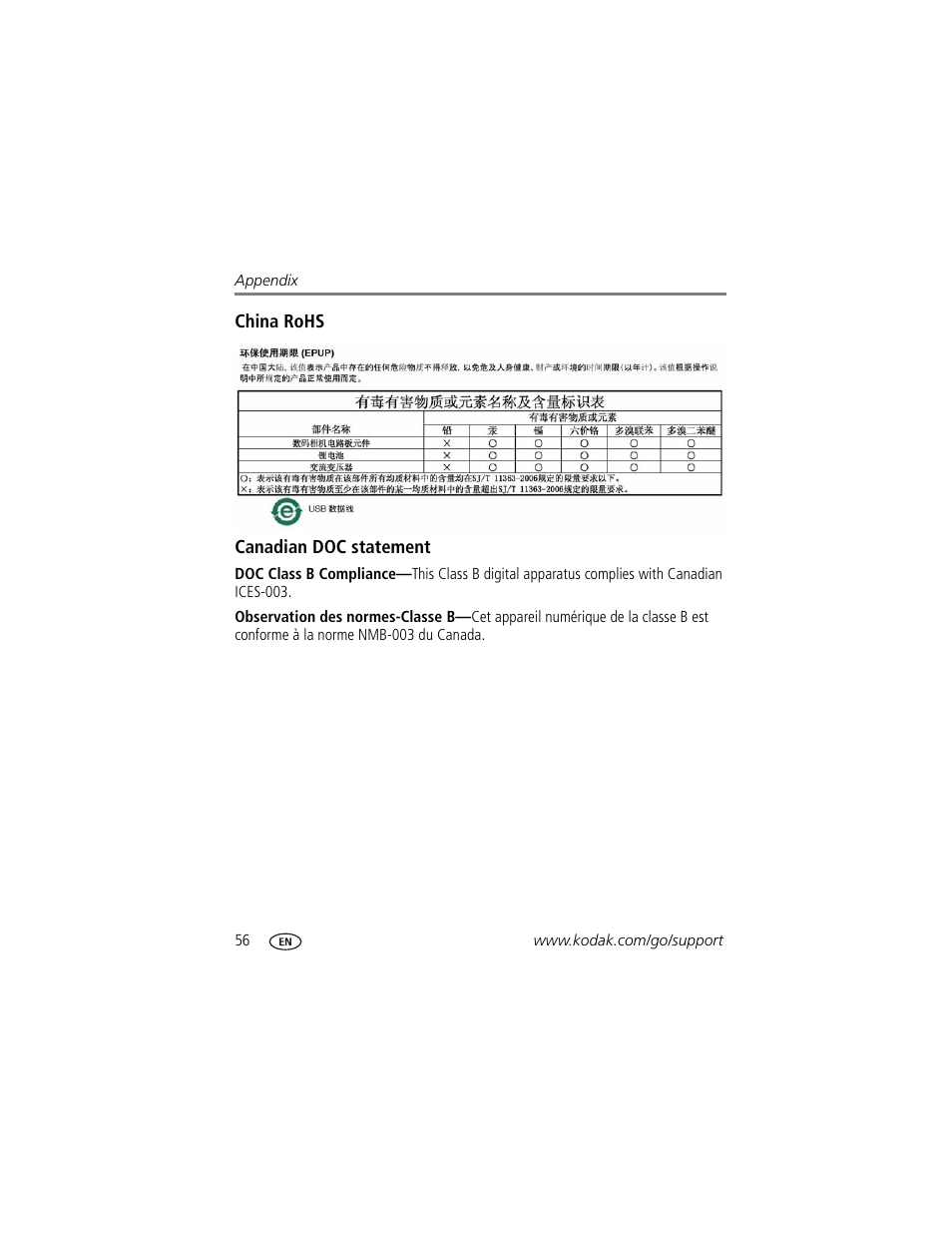 China rohs, Canadian doc statement | Kodak M341 User Manual | Page 62 / 67