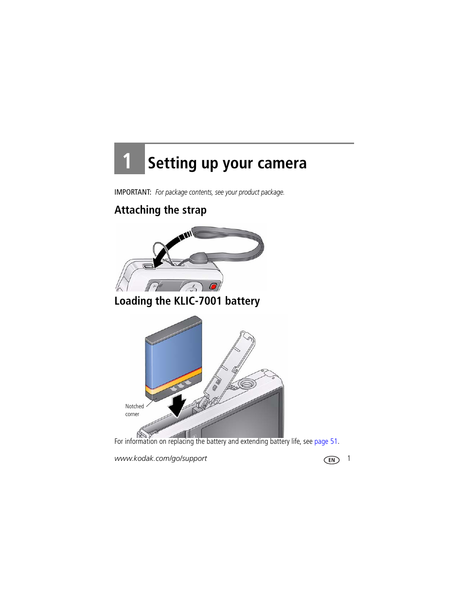 Setting up your camera, Attaching the strap, Loading the klic-7001 battery | 1 setting up your camera, Attaching the strap loading the klic-7001 battery | Kodak M341 User Manual | Page 7 / 67