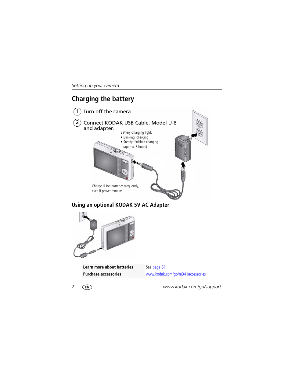 Charging the battery, Using an optional kodak 5v ac adapter | Kodak M341 User Manual | Page 8 / 67