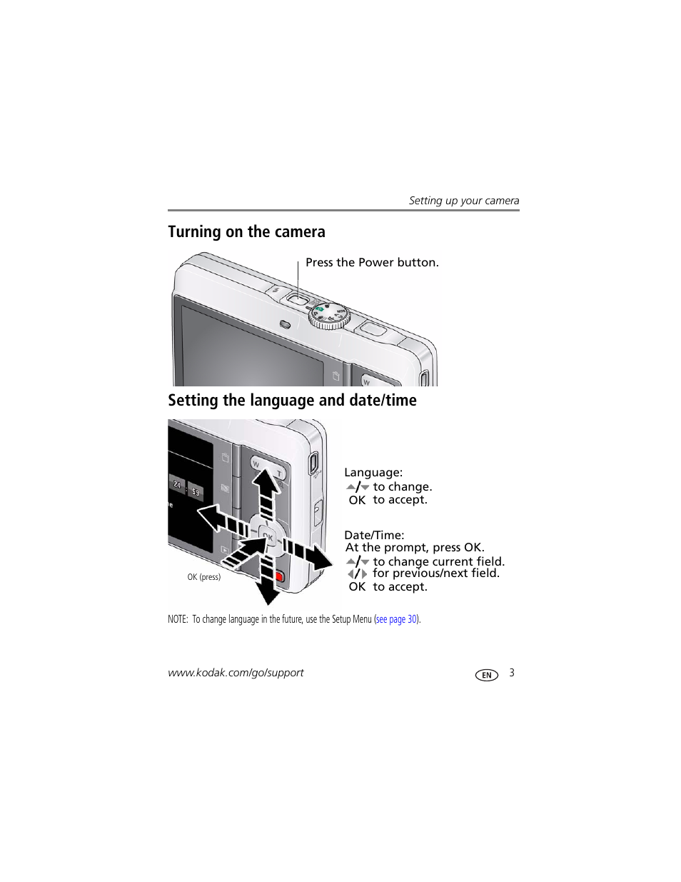 Turning on the camera, Setting the language and date/time | Kodak M341 User Manual | Page 9 / 67