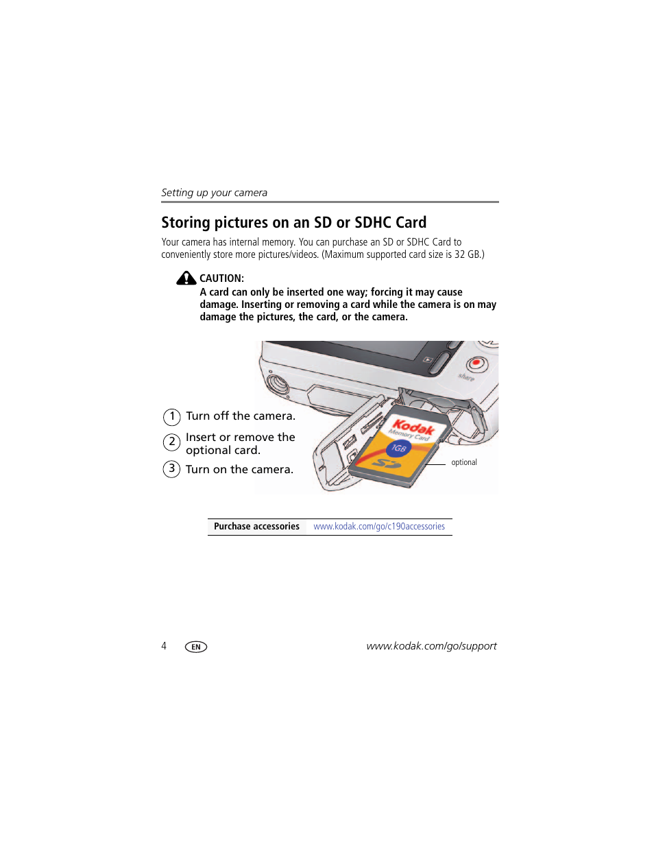 Storing pictures on an sd or sdhc card | Kodak C190 User Manual | Page 10 / 64