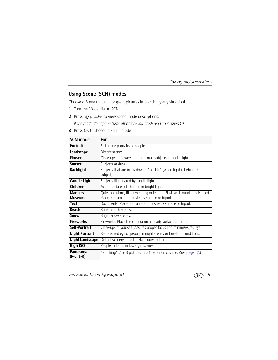 Using scene (scn) modes | Kodak C190 User Manual | Page 15 / 64