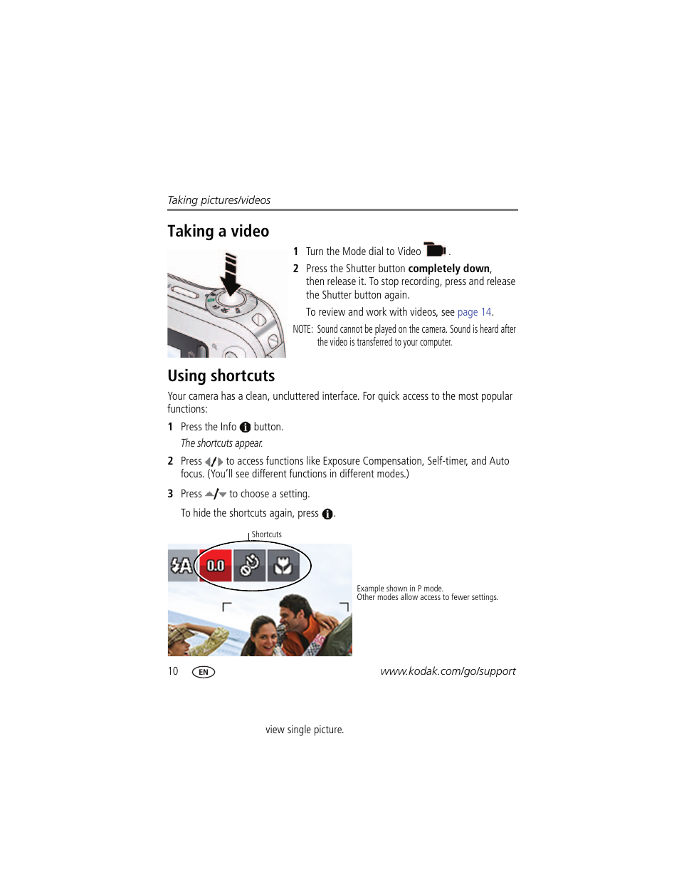 Taking a video, Using shortcuts, Taking a video using shortcuts | Kodak C190 User Manual | Page 16 / 64