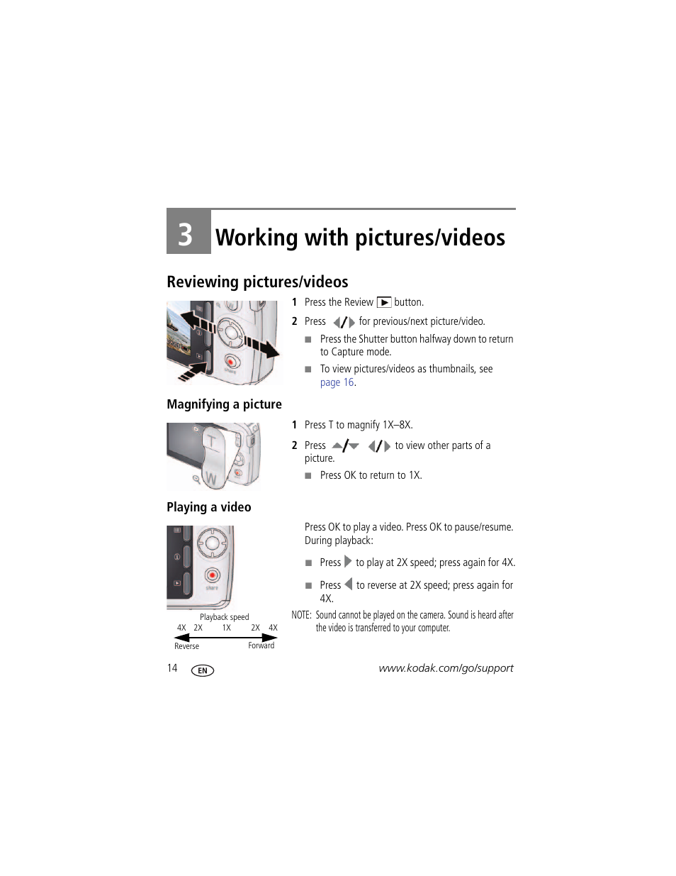 Working with pictures/videos, Reviewing pictures/videos, Magnifying a picture | Playing a video, 3 working with pictures/videos | Kodak C190 User Manual | Page 20 / 64