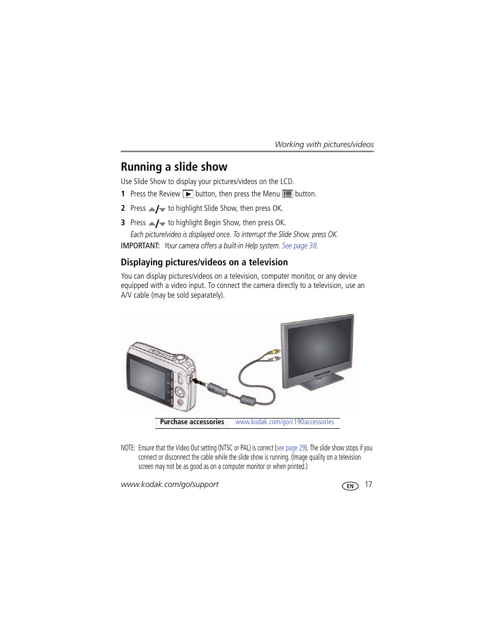 Running a slide show, Displaying pictures/videos on a television | Kodak C190 User Manual | Page 23 / 64