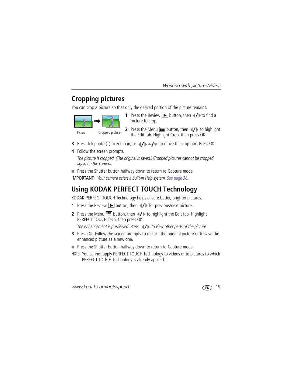Cropping pictures, Using kodak perfect touch technology | Kodak C190 User Manual | Page 25 / 64