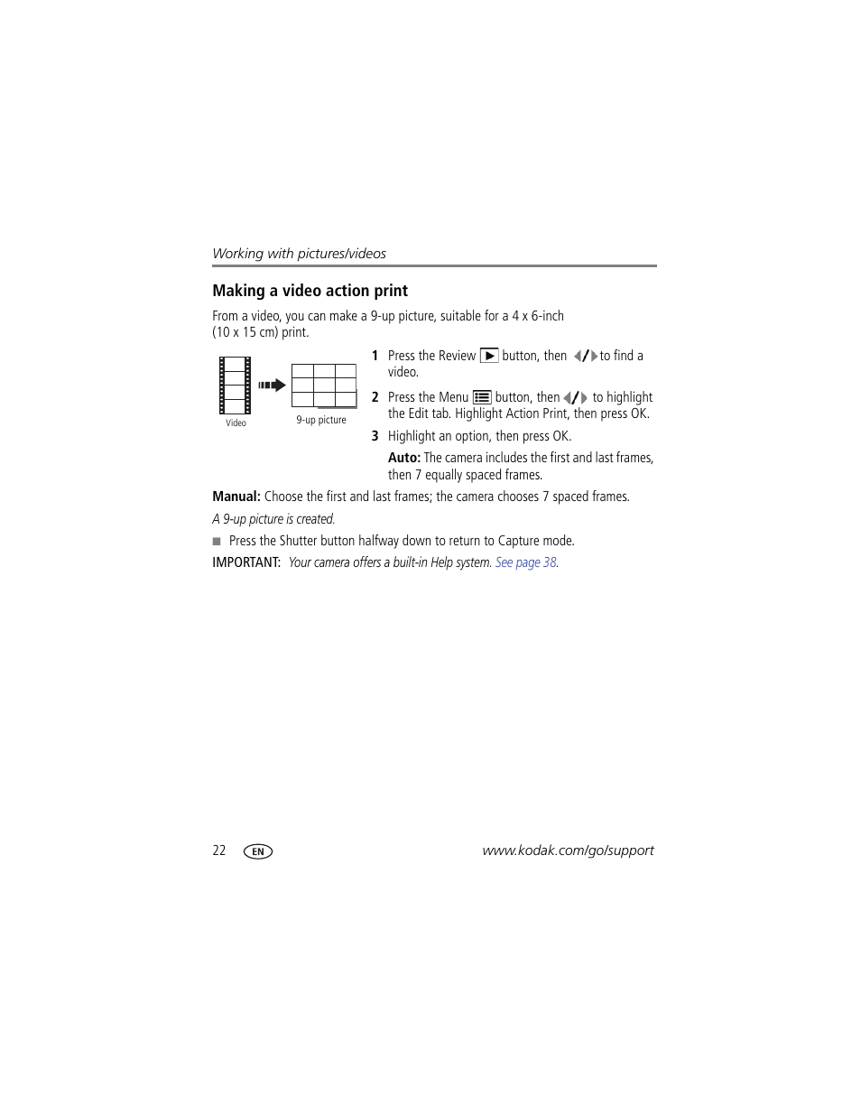 Making a video action print | Kodak C190 User Manual | Page 28 / 64
