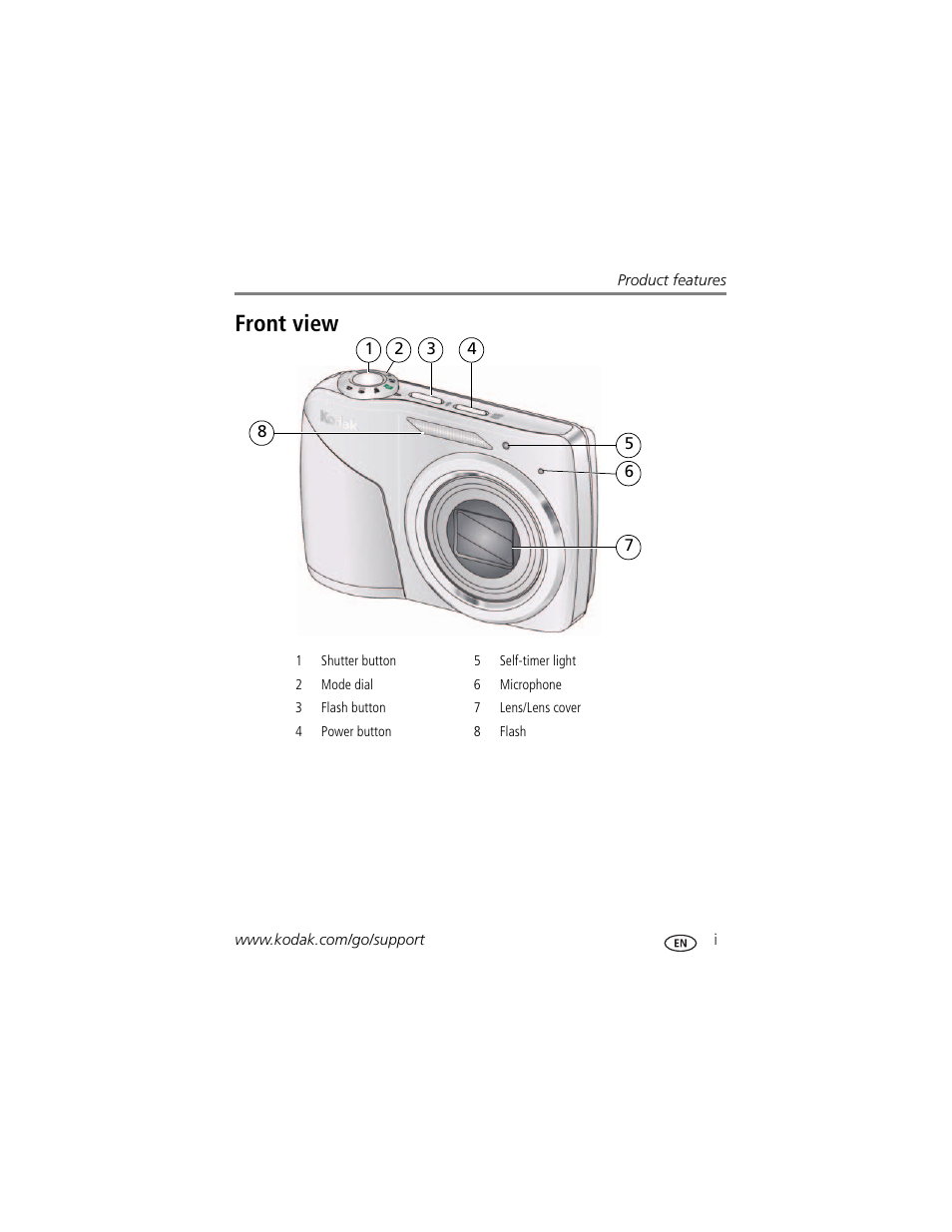 Product features, Front view | Kodak C190 User Manual | Page 3 / 64