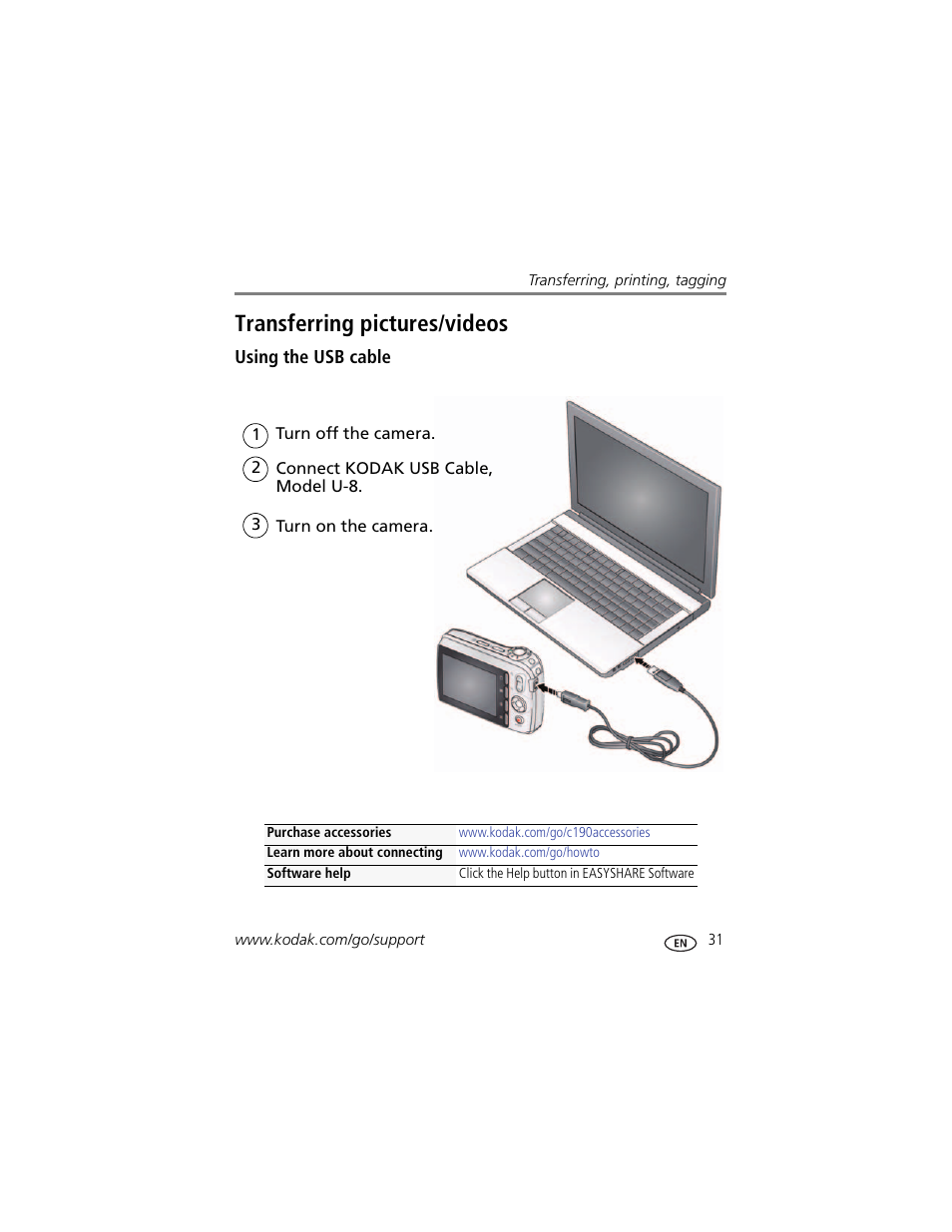 Transferring pictures/videos, Using the usb cable | Kodak C190 User Manual | Page 37 / 64