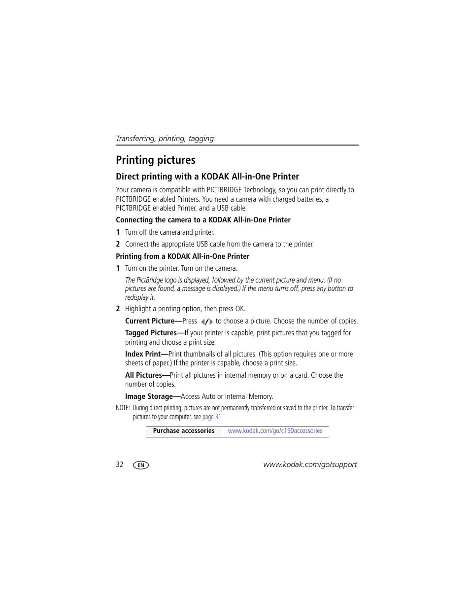 Printing pictures, Direct printing with a kodak all-in-one printer, Printing from a kodak all-in-one printer | Kodak C190 User Manual | Page 38 / 64