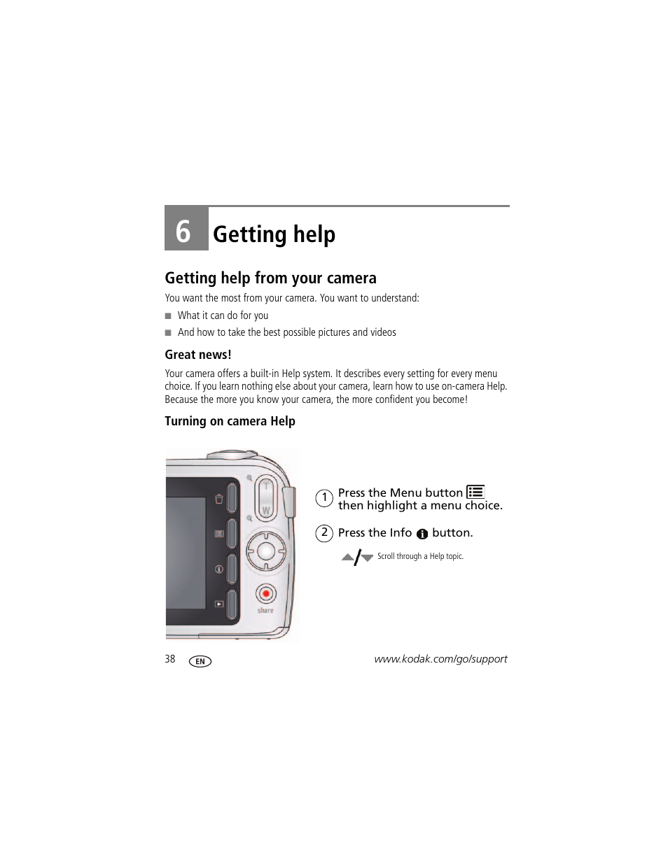 Getting help, Getting help from your camera, Great news | Turning on camera help, 6 getting help, Stem | Kodak C190 User Manual | Page 44 / 64