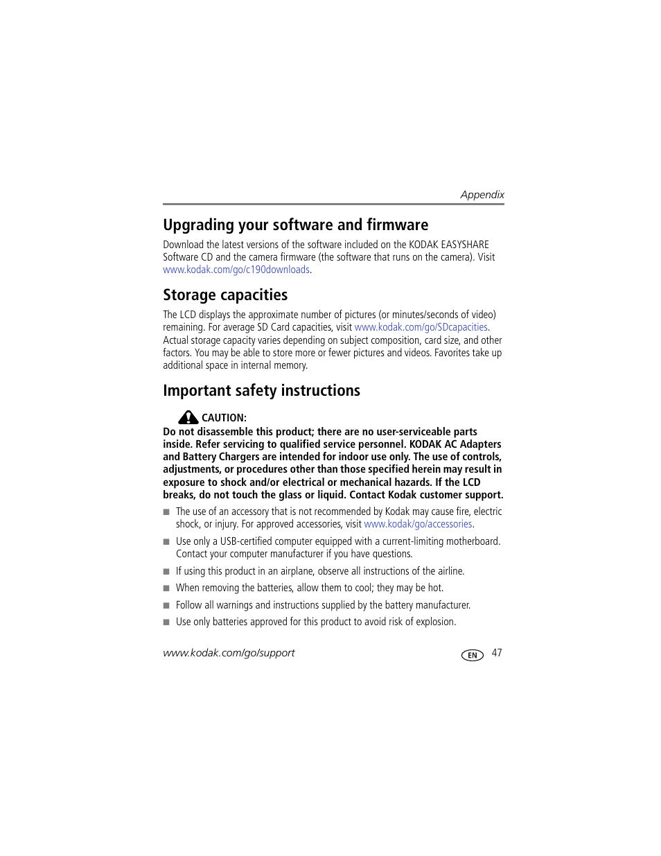 Upgrading your software and firmware, Storage capacities, Important safety instructions | Kodak C190 User Manual | Page 53 / 64
