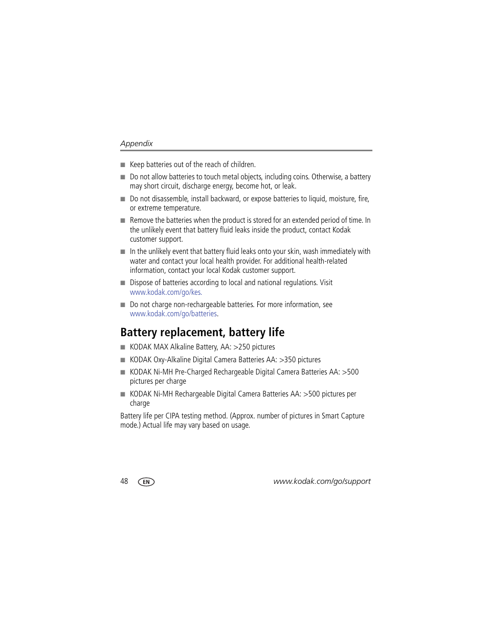Battery replacement, battery life | Kodak C190 User Manual | Page 54 / 64