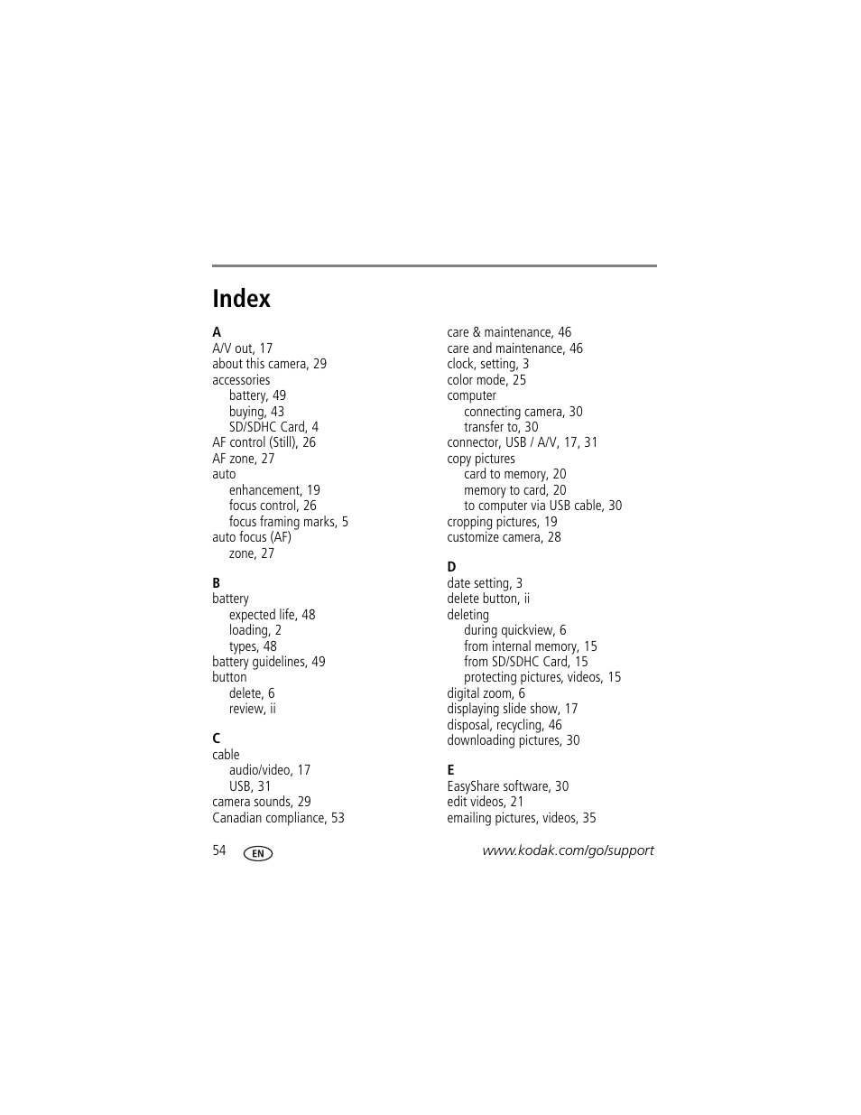 Index | Kodak C190 User Manual | Page 60 / 64