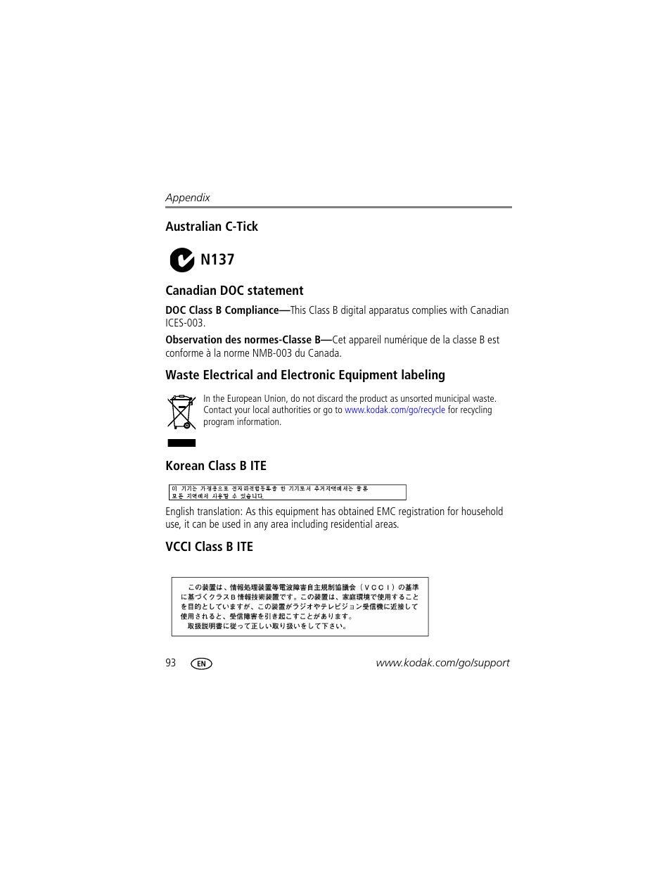 Australian c-tick, Canadian doc statement, Waste electrical and electronic equipment labeling | Korean class b ite, Vcci class b ite, N137 | Kodak P712 User Manual | Page 100 / 110