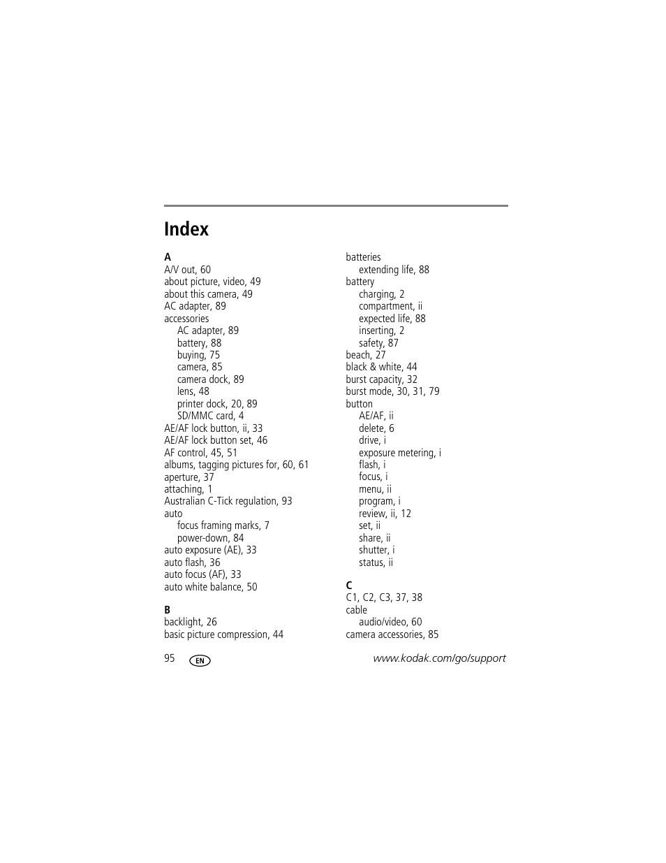 Index | Kodak P712 User Manual | Page 102 / 110
