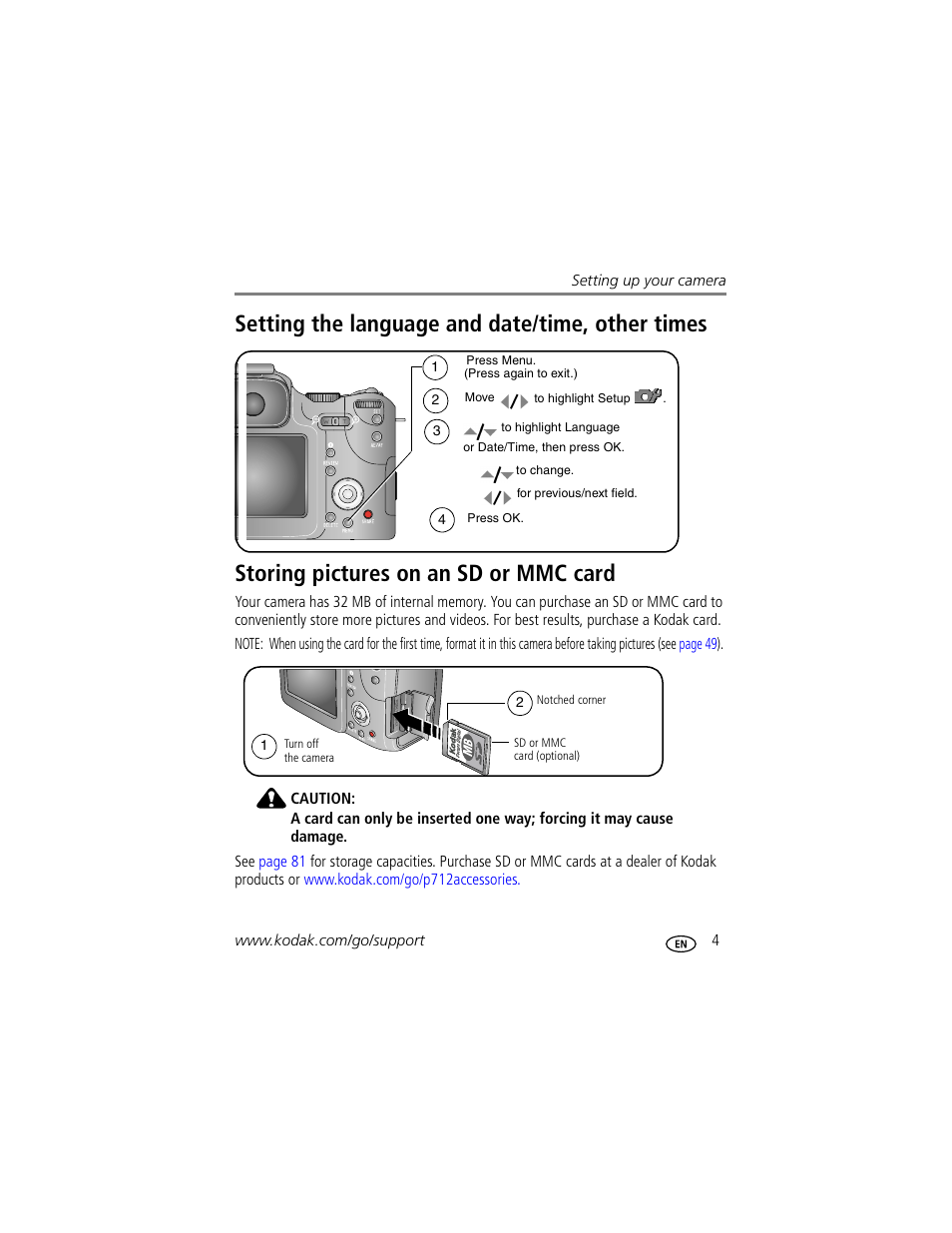 Setting the language and date/time, other times, Storing pictures on an sd or mmc card | Kodak P712 User Manual | Page 11 / 110