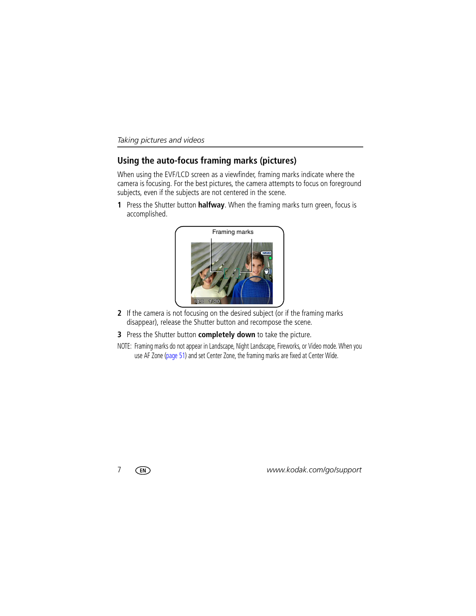 Using the auto-focus framing marks (pictures) | Kodak P712 User Manual | Page 14 / 110