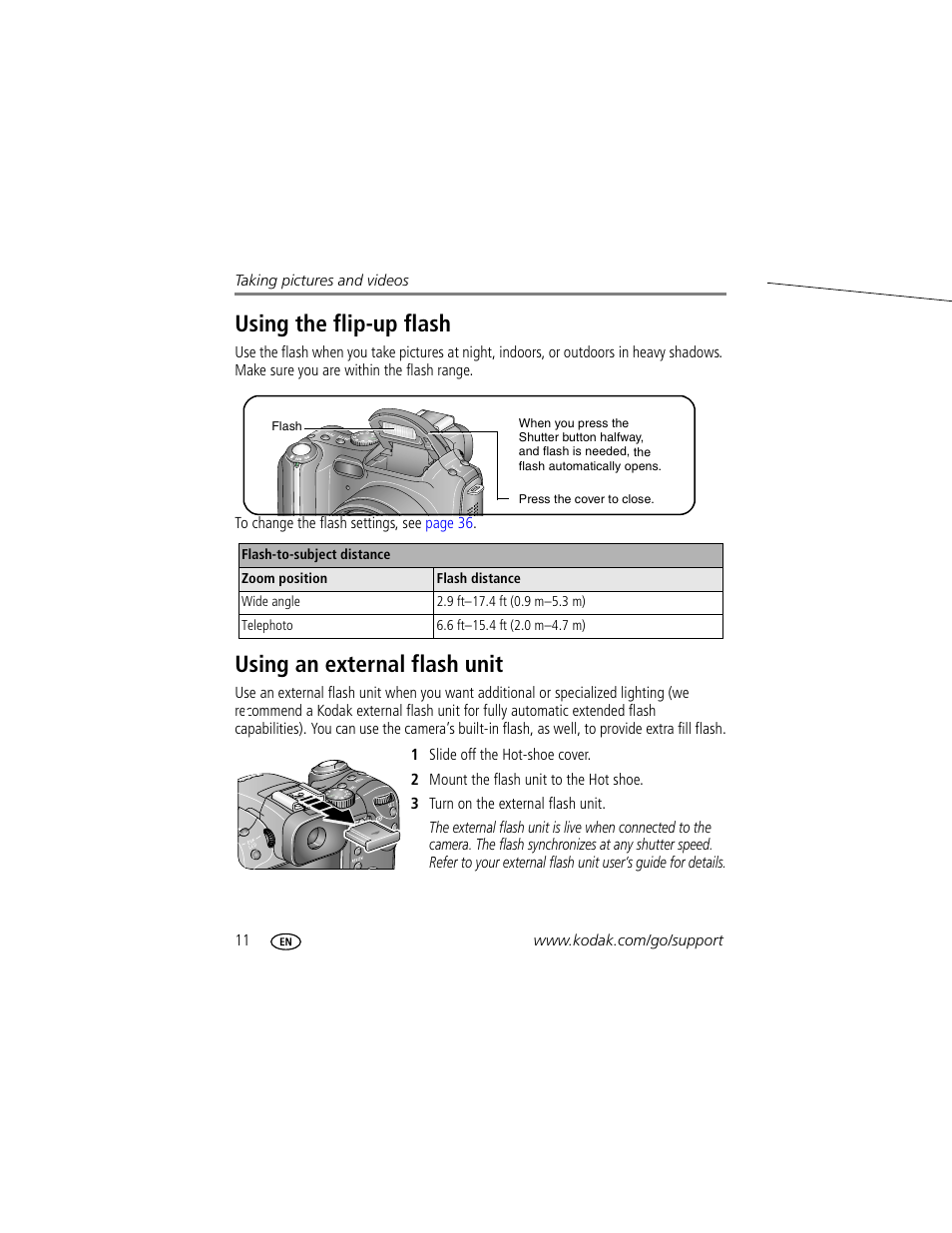 Using the flip-up flash, Using an external flash unit | Kodak P712 User Manual | Page 18 / 110