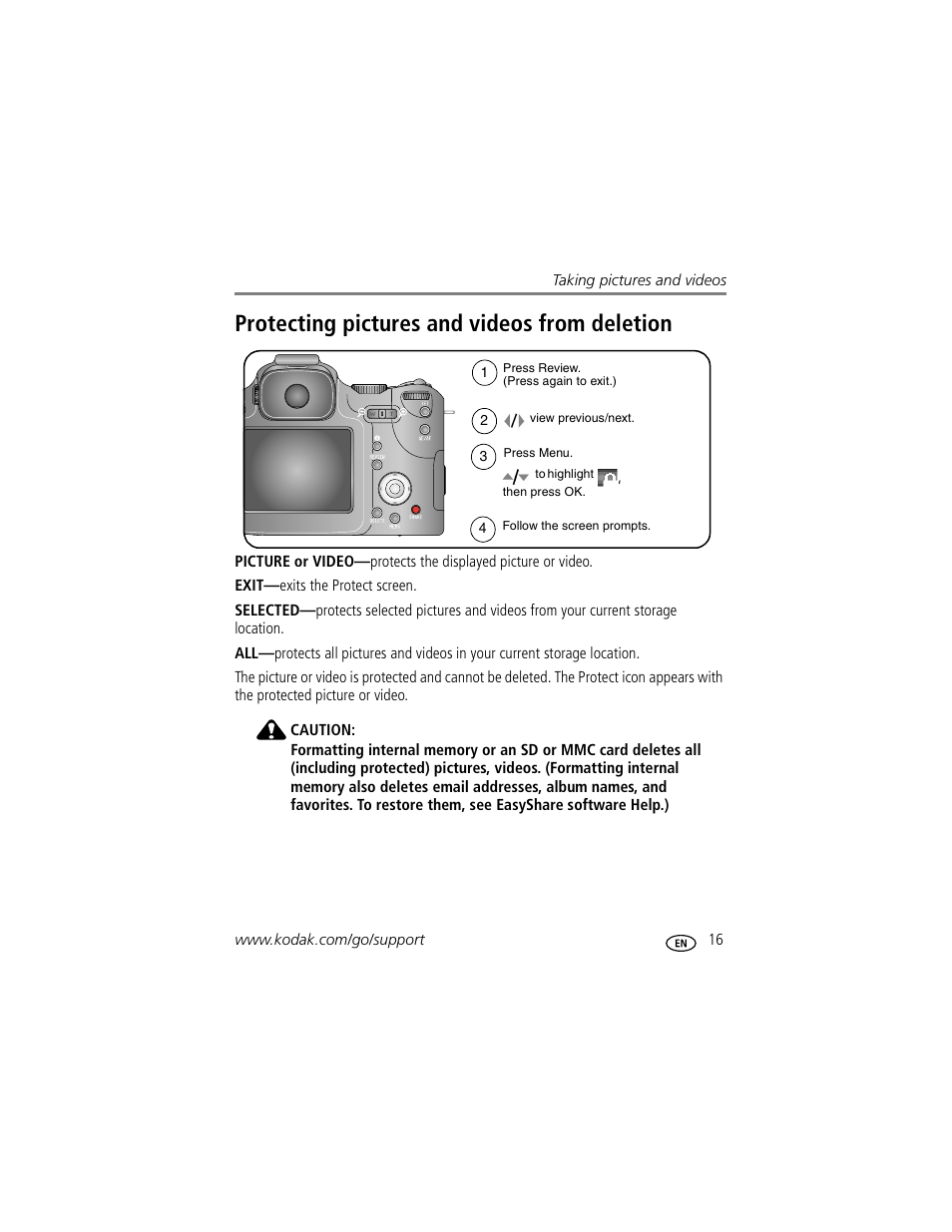 Protecting pictures and videos from deletion | Kodak P712 User Manual | Page 23 / 110