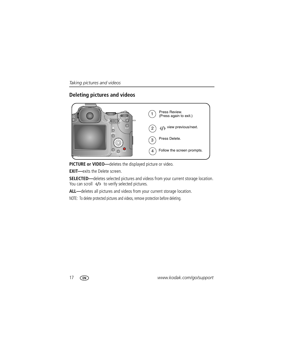 Deleting pictures and videos | Kodak P712 User Manual | Page 24 / 110