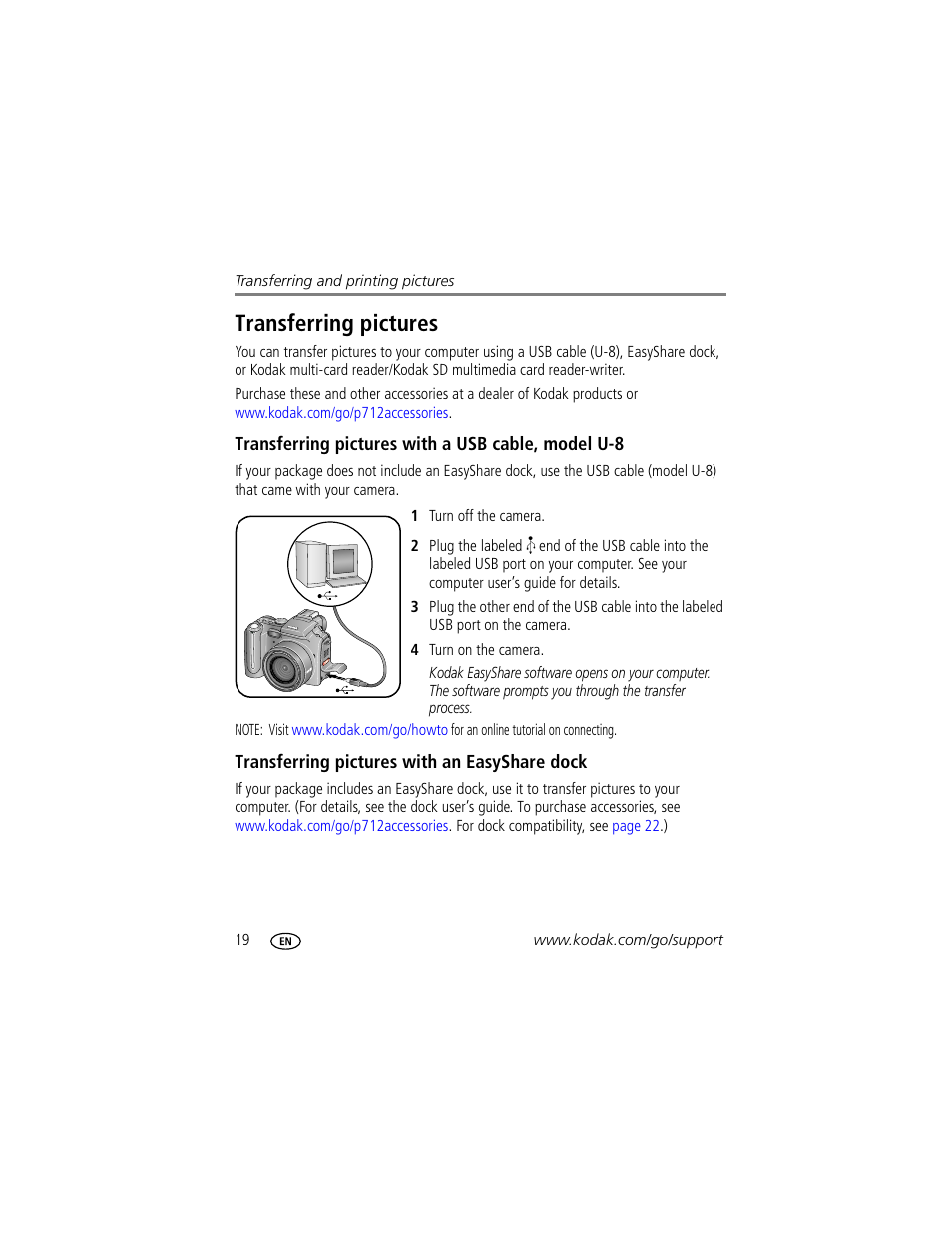 Transferring pictures, Transferring pictures with a usb cable, model u-8, Transferring pictures with an easyshare dock | Kodak P712 User Manual | Page 26 / 110