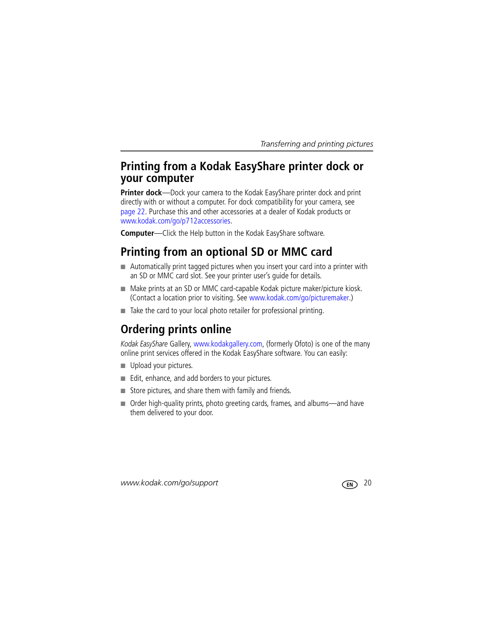 Printing from an optional sd or mmc card, Ordering prints online | Kodak P712 User Manual | Page 27 / 110