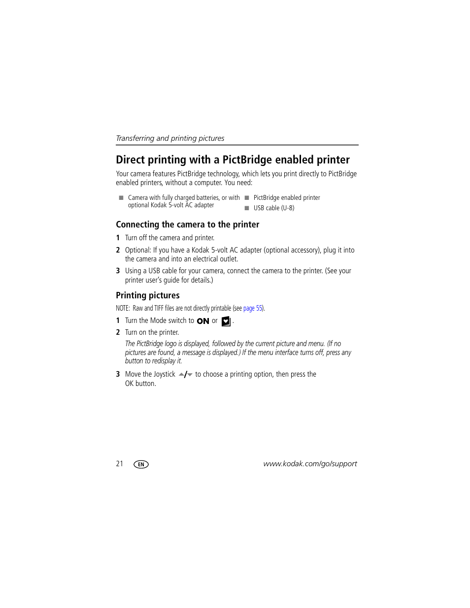 Direct printing with a pictbridge enabled printer, Connecting the camera to the printer, Printing pictures | Kodak P712 User Manual | Page 28 / 110