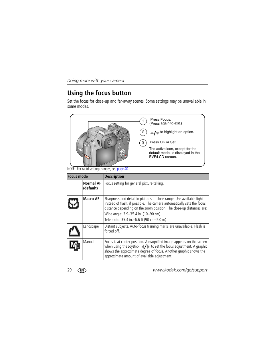 Using the focus button | Kodak P712 User Manual | Page 36 / 110