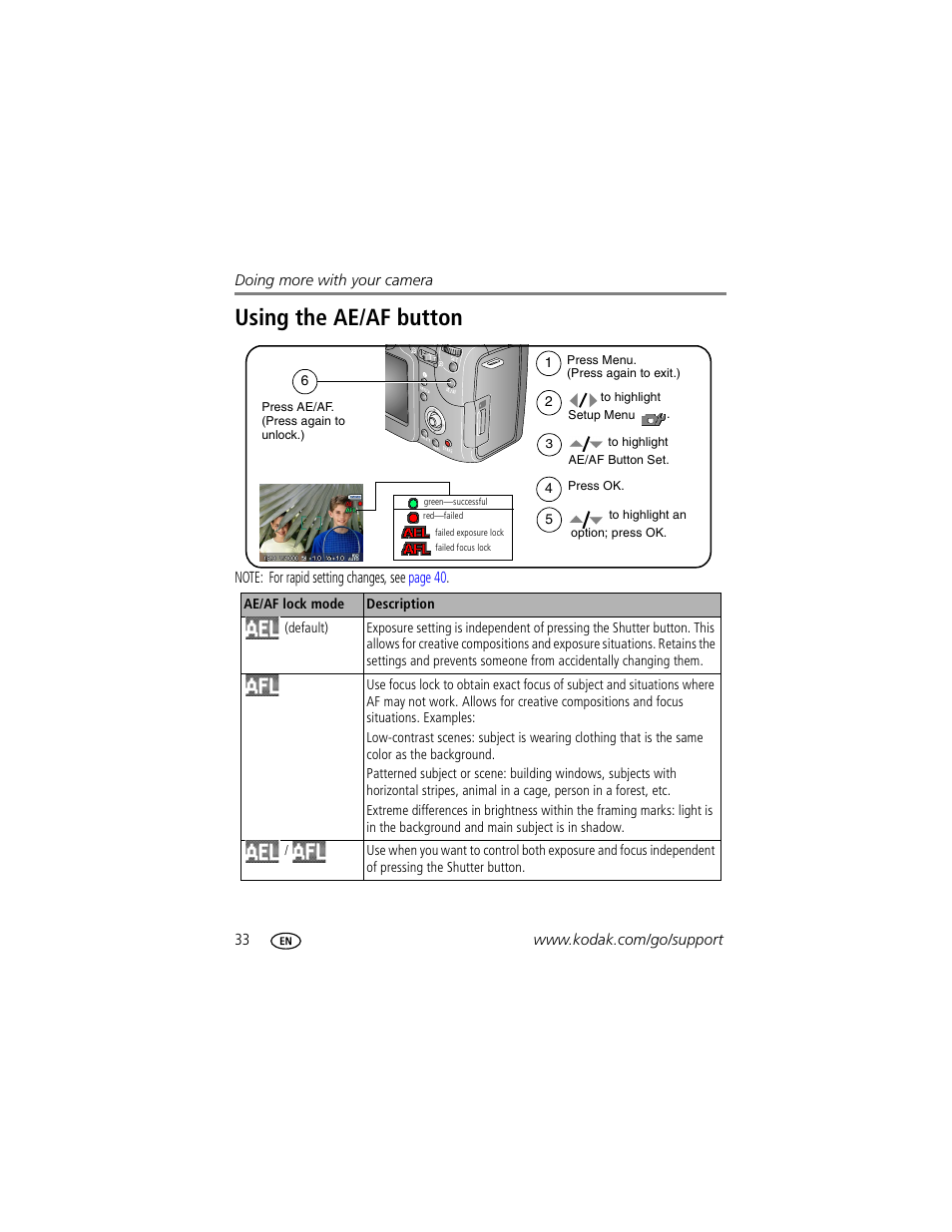 Using the ae/af button | Kodak P712 User Manual | Page 40 / 110