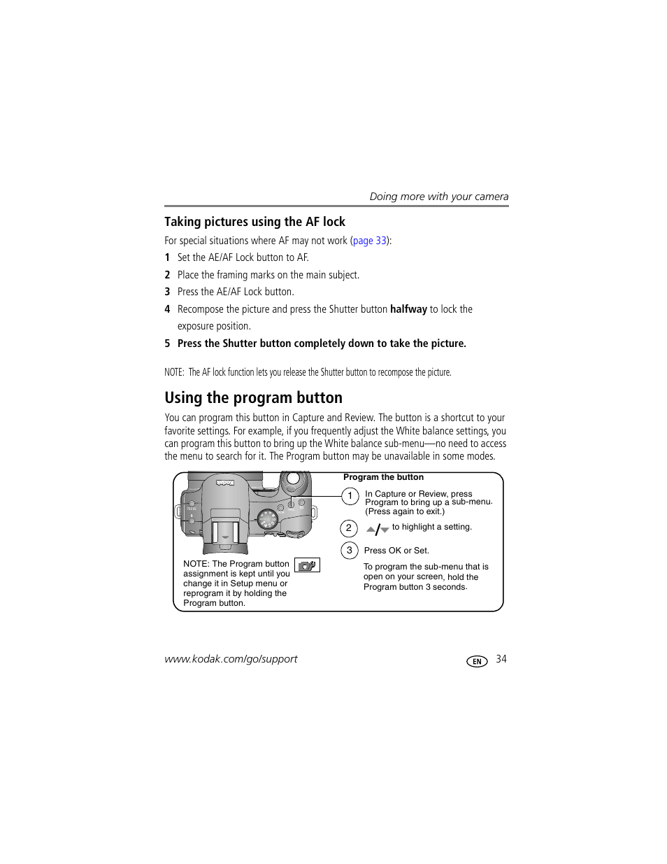 Taking pictures using the af lock, Using the program button | Kodak P712 User Manual | Page 41 / 110