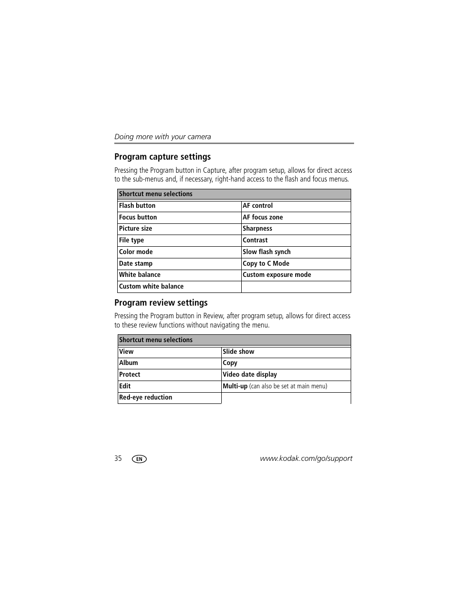 Program capture settings, Program review settings | Kodak P712 User Manual | Page 42 / 110
