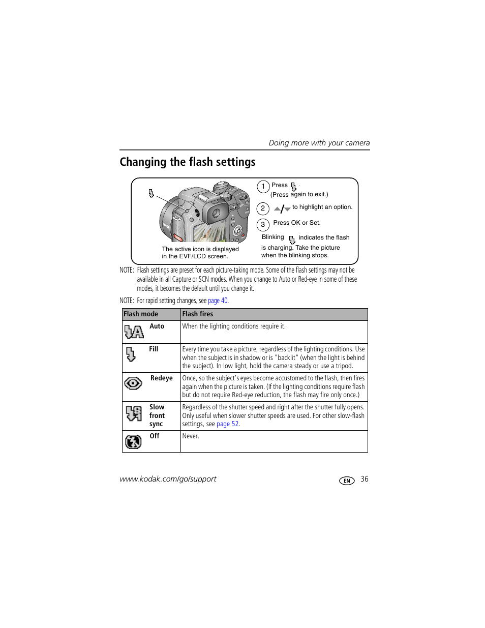 Changing the flash settings | Kodak P712 User Manual | Page 43 / 110