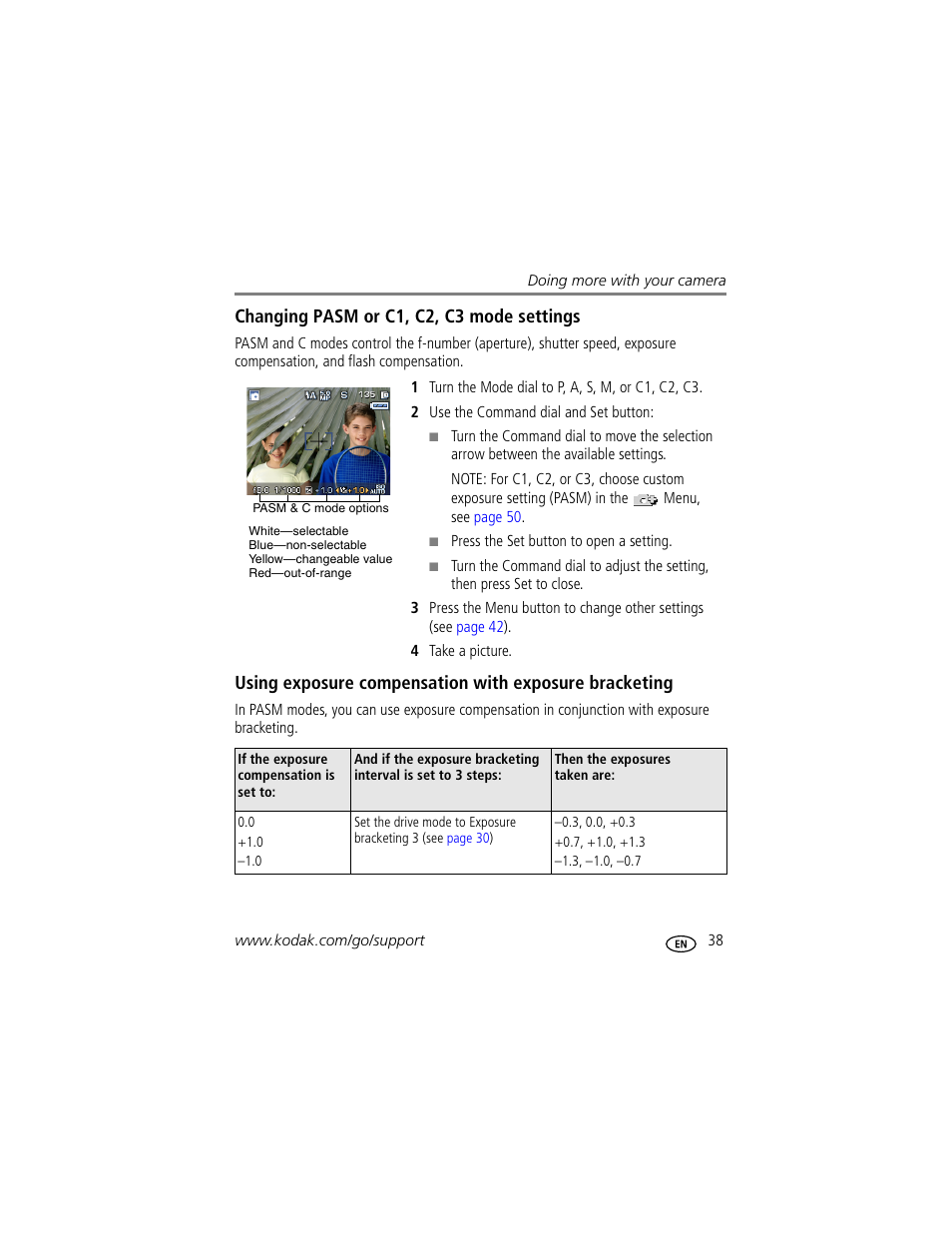 Changing pasm or c1, c2, c3 mode settings | Kodak P712 User Manual | Page 45 / 110