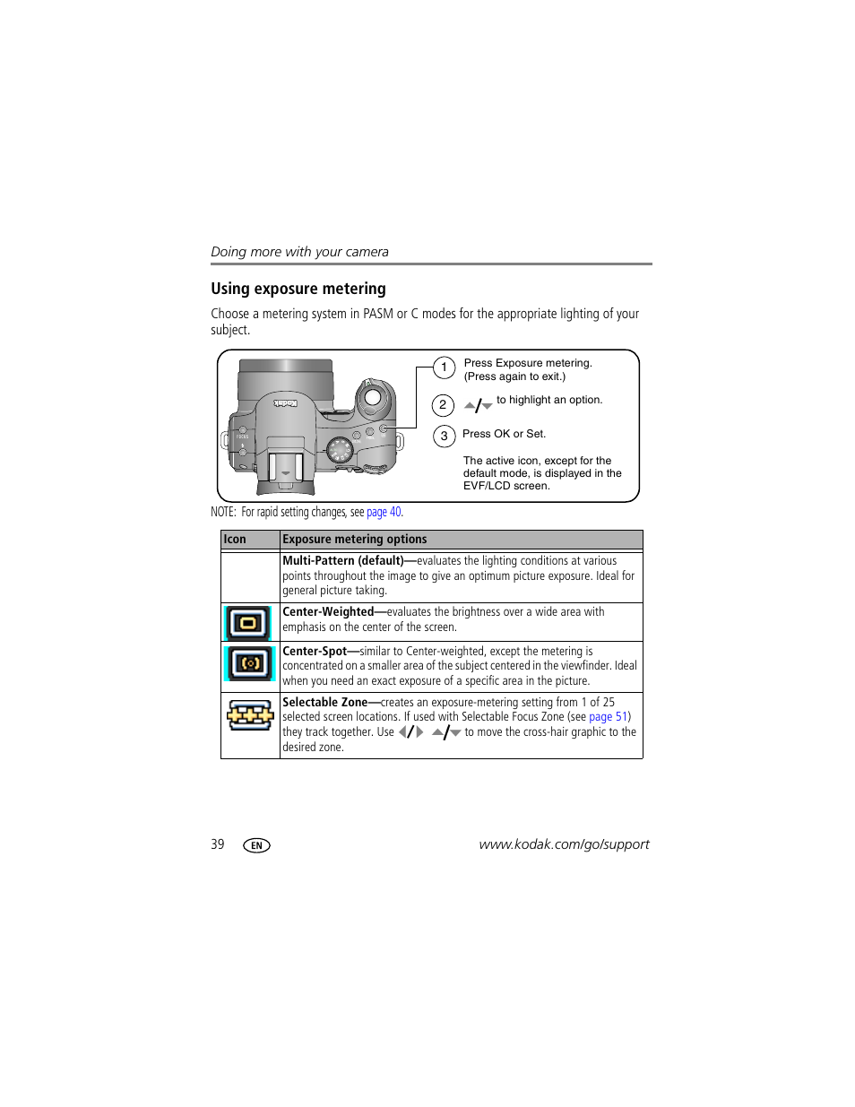 Using exposure metering | Kodak P712 User Manual | Page 46 / 110