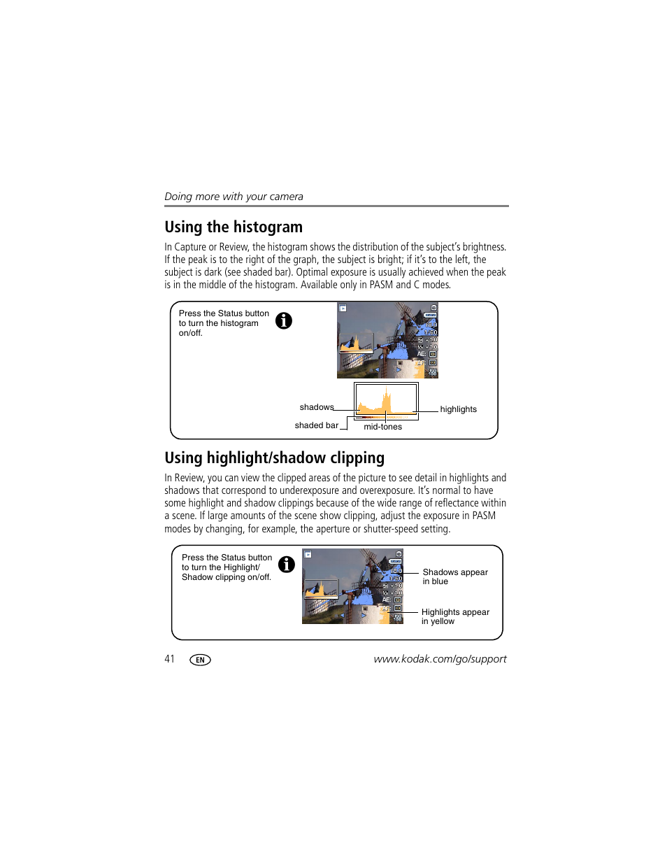 Using the histogram, Using highlight/shadow clipping | Kodak P712 User Manual | Page 48 / 110