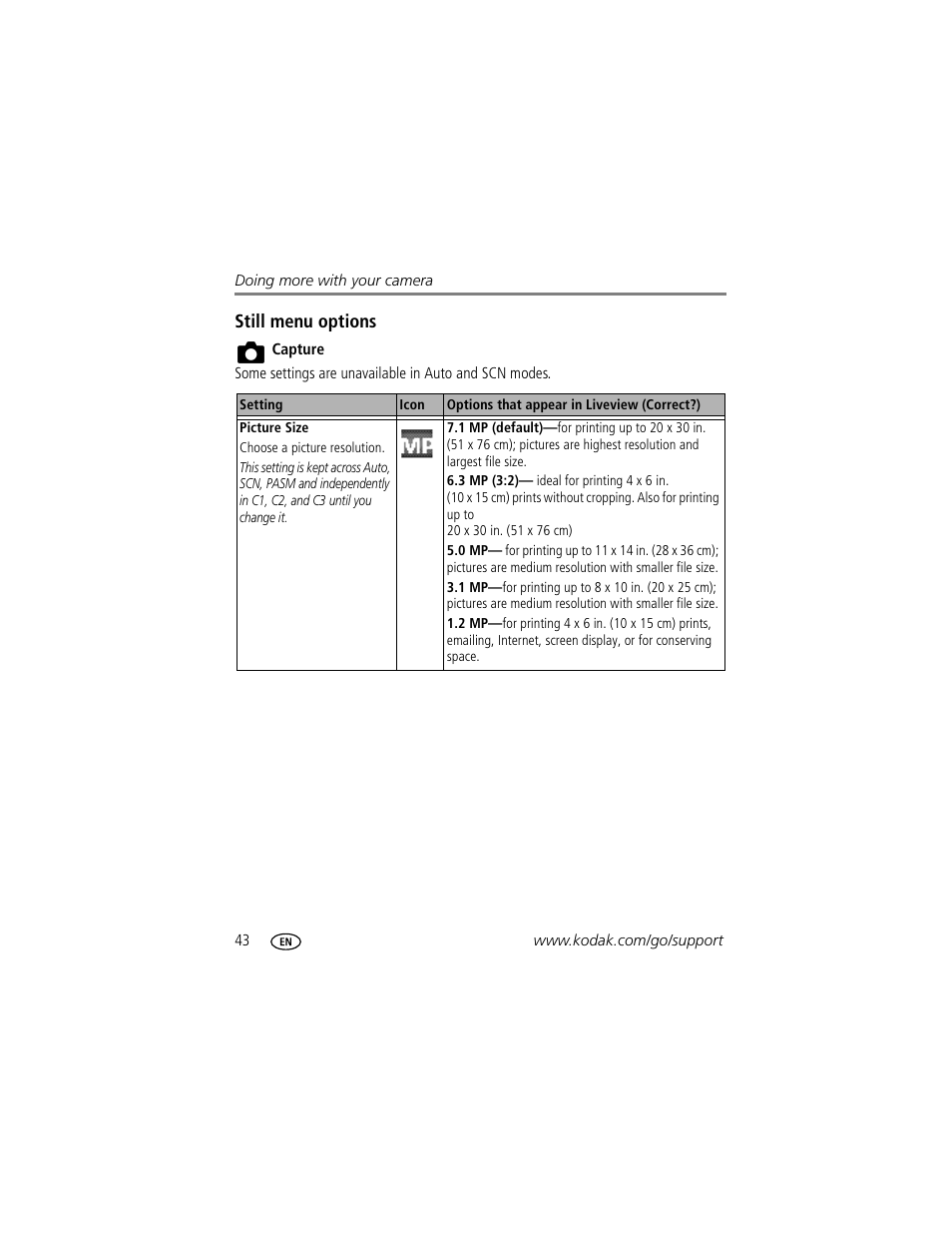 Still menu options | Kodak P712 User Manual | Page 50 / 110