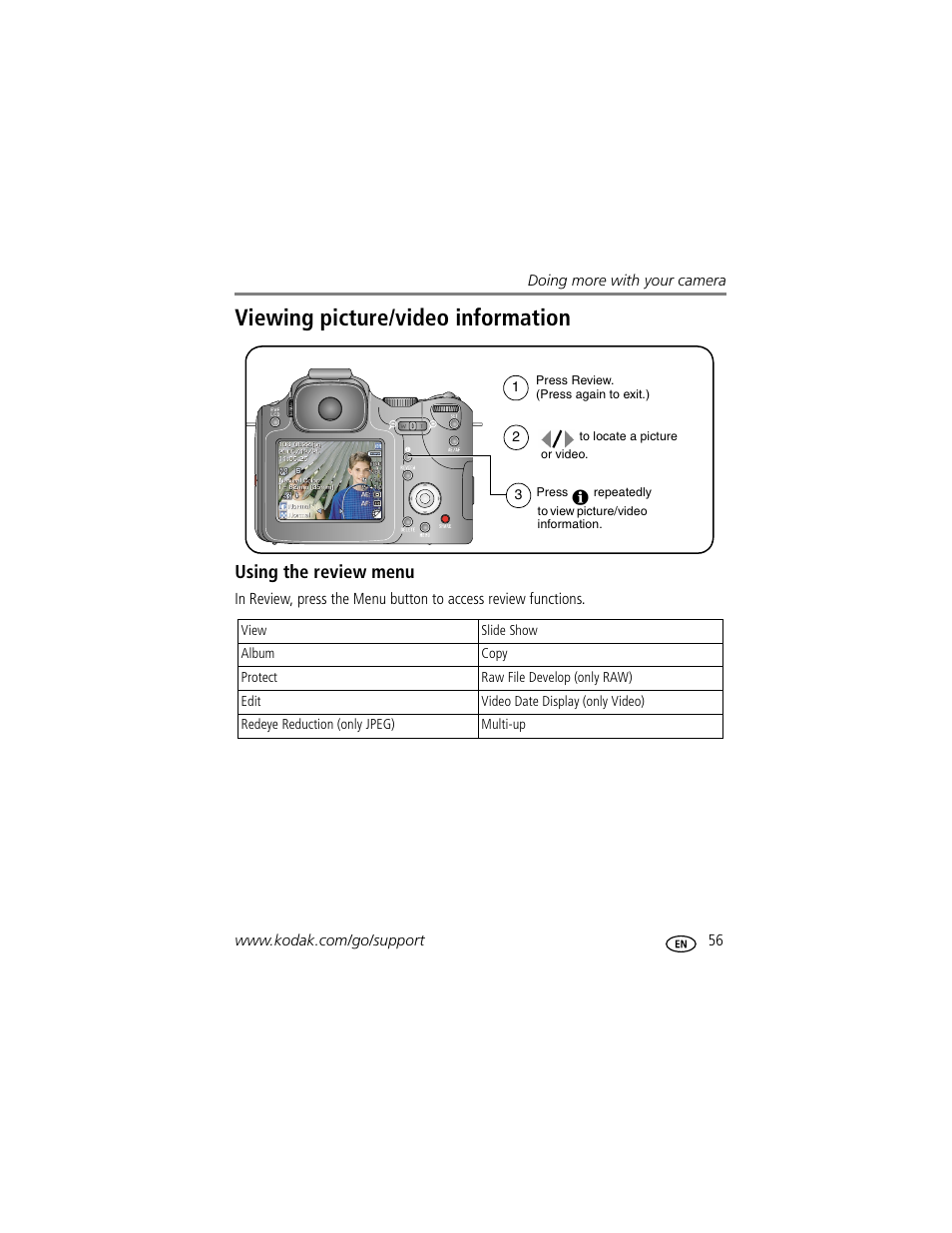Viewing picture/video information, Using the review menu | Kodak P712 User Manual | Page 63 / 110