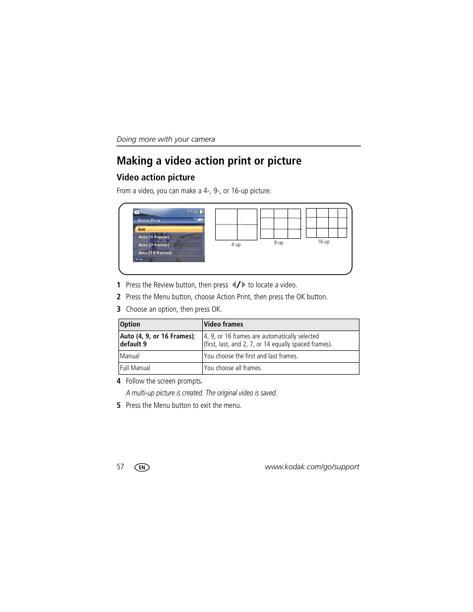 Making a video action print or picture, Video action picture | Kodak P712 User Manual | Page 64 / 110