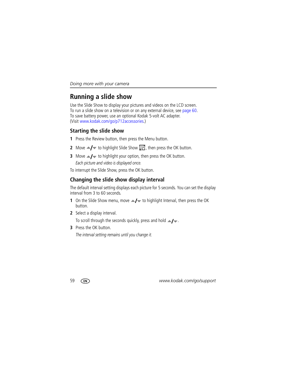 Running a slide show, Starting the slide show, Changing the slide show display interval | Kodak P712 User Manual | Page 66 / 110