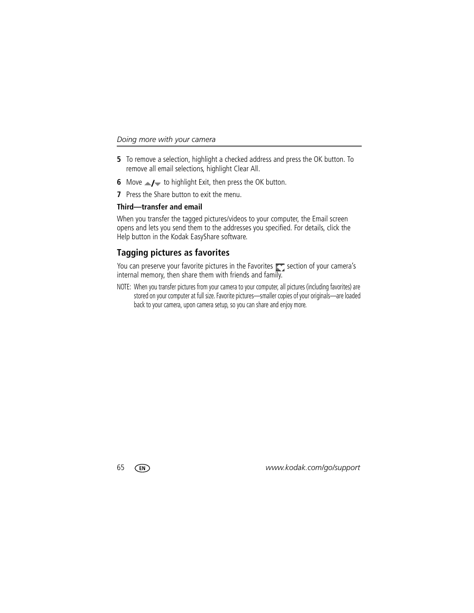 Third-transfer and email, Tagging pictures as favorites | Kodak P712 User Manual | Page 72 / 110