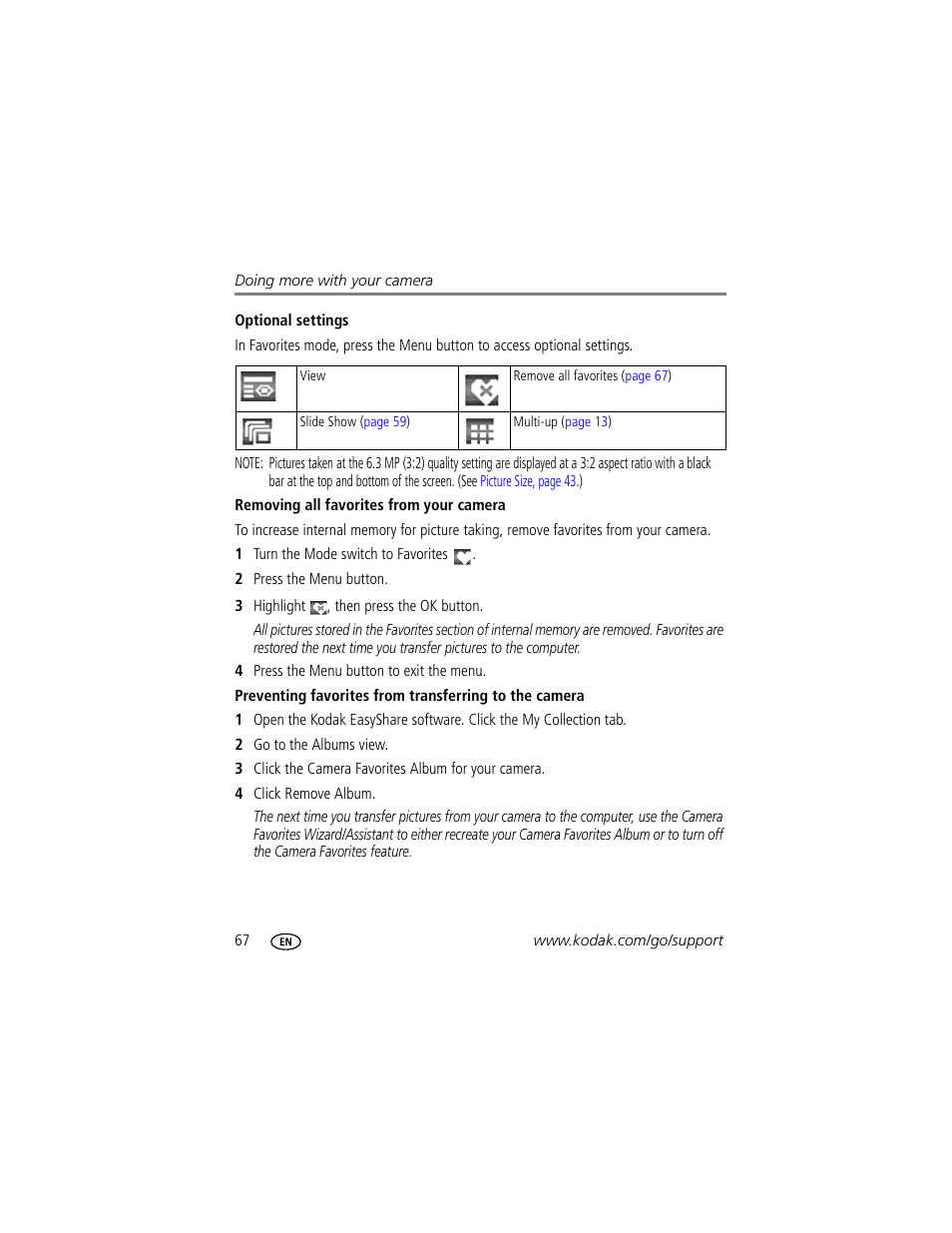Optional settings, Removing all favorites from your camera | Kodak P712 User Manual | Page 74 / 110