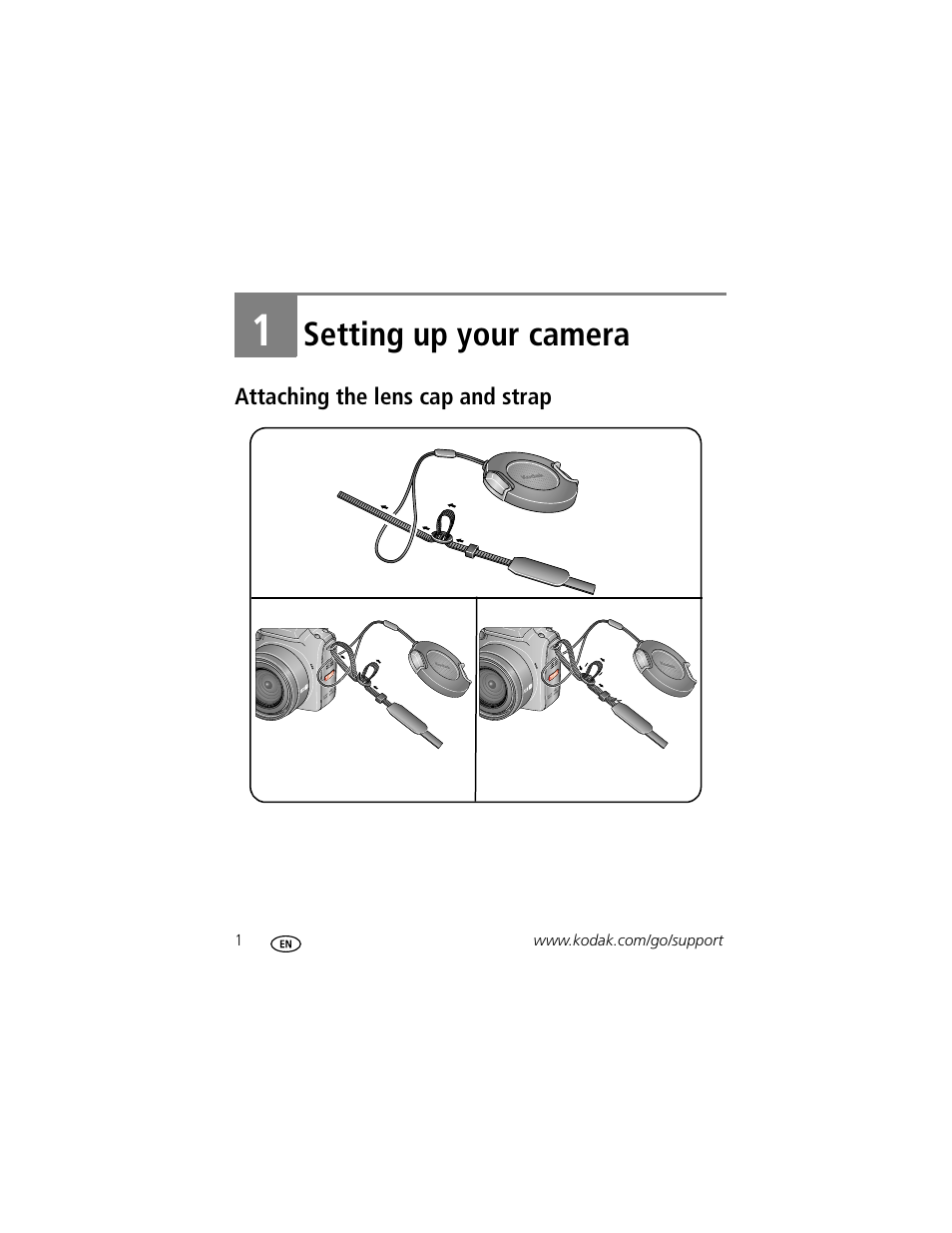 Setting up your camera, Attaching the lens cap and strap, 1 setting up your camera | Kodak P712 User Manual | Page 8 / 110