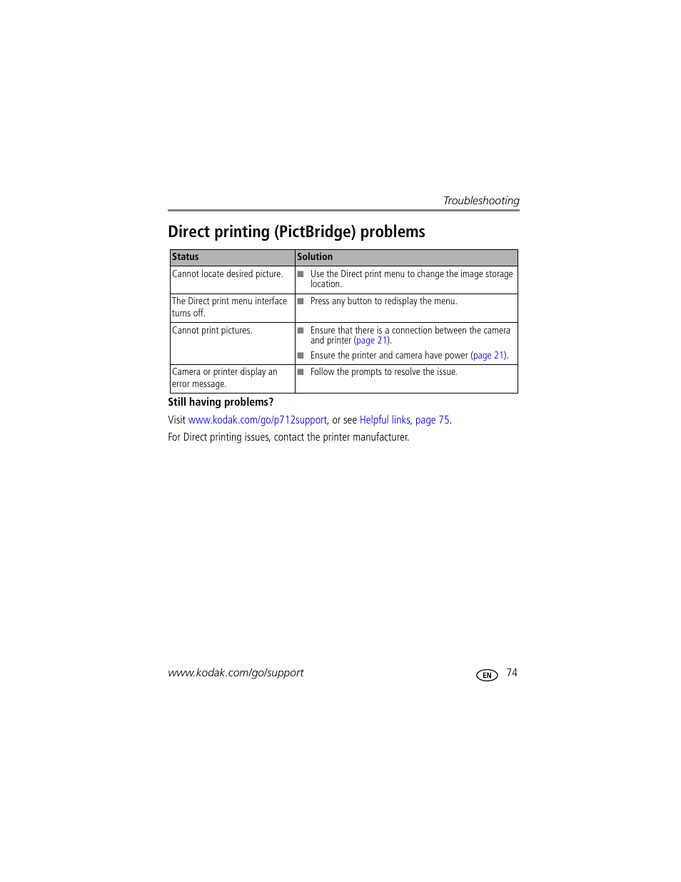 Direct printing (pictbridge) problems | Kodak P712 User Manual | Page 81 / 110