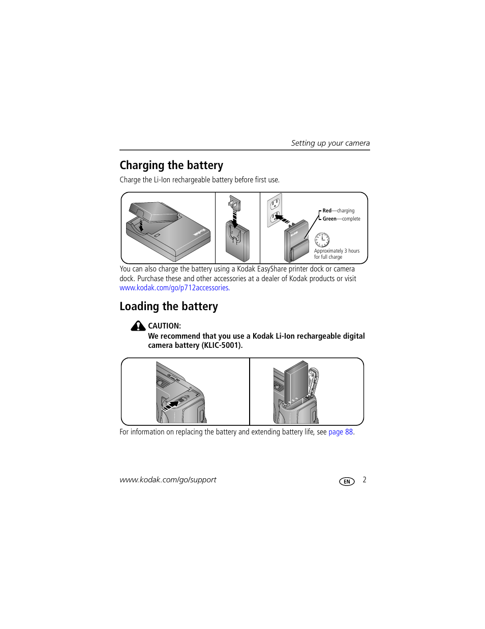 Charging the battery, Loading the battery, Charging the battery loading the battery | Kodak P712 User Manual | Page 9 / 110