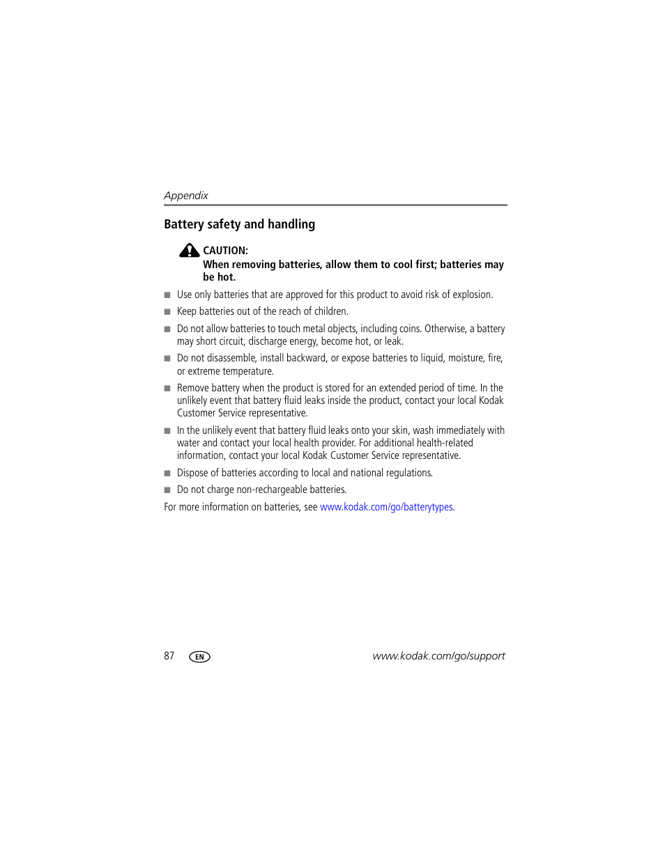 Battery safety and handling | Kodak P712 User Manual | Page 94 / 110