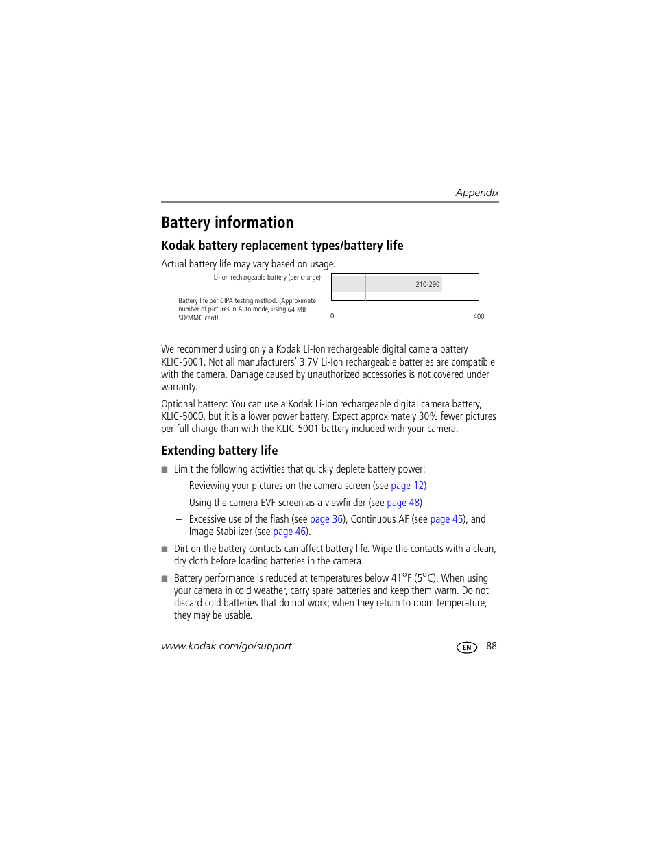Battery information, Kodak battery replacement types/battery life, Extending battery life | Kodak P712 User Manual | Page 95 / 110