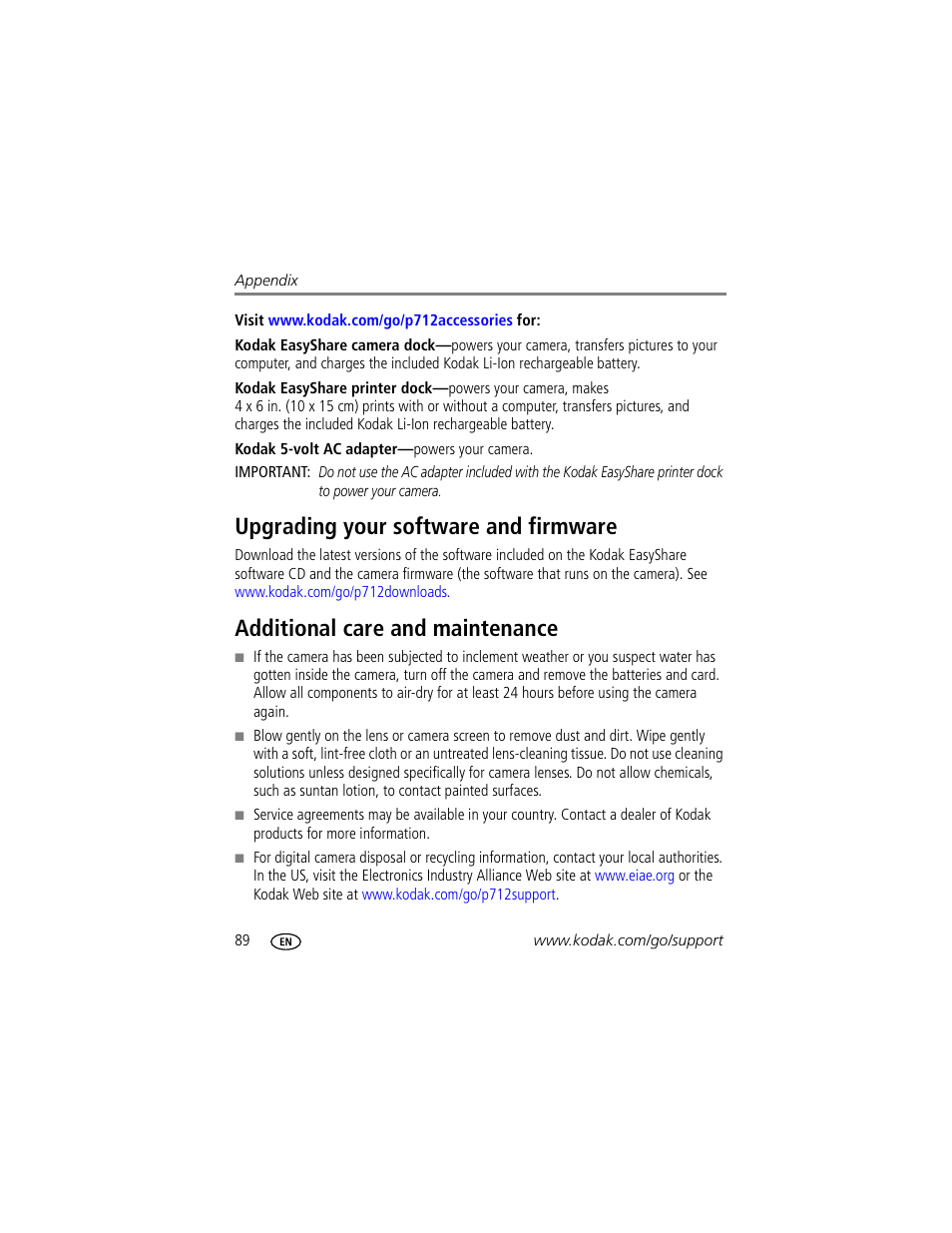 Upgrading your software and firmware, Additional care and maintenance | Kodak P712 User Manual | Page 96 / 110
