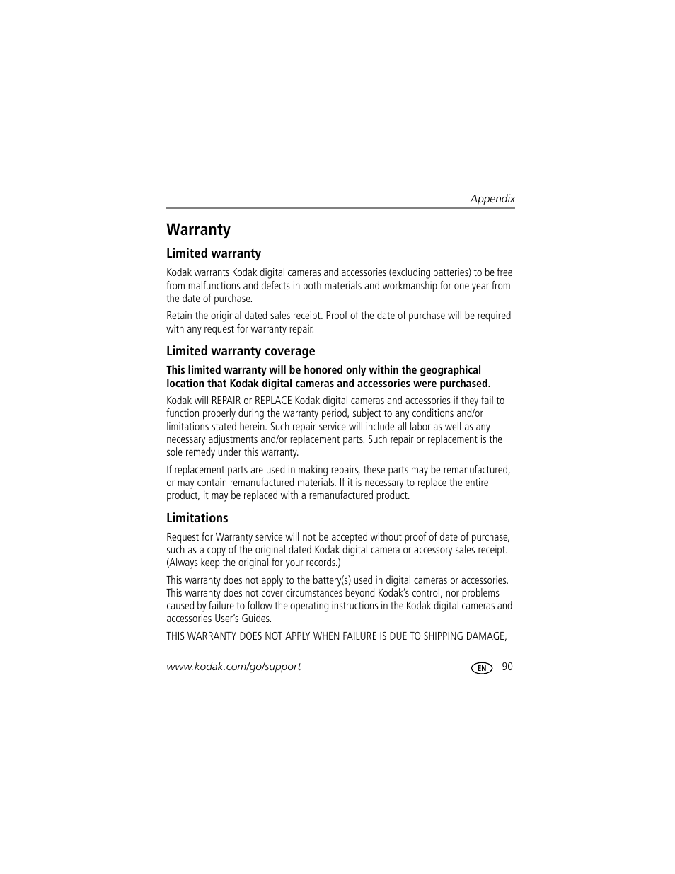 Warranty, Limited warranty, Limited warranty coverage | Limitations | Kodak P712 User Manual | Page 97 / 110